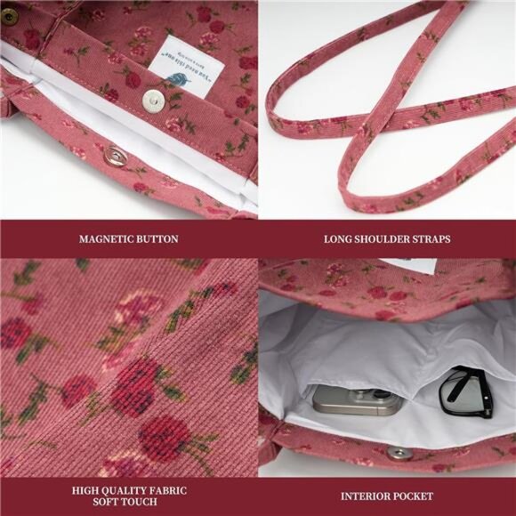 Cute Corduroy Tote Bag Canvas Shoulder Handbag for Women Travel Shopping Work - Picture 5 of 7